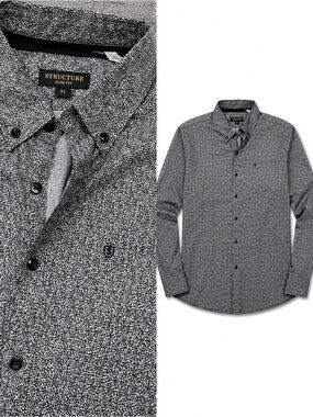 Structure Slim Fit Black & White Micro-Pattern Button-Down Shirt